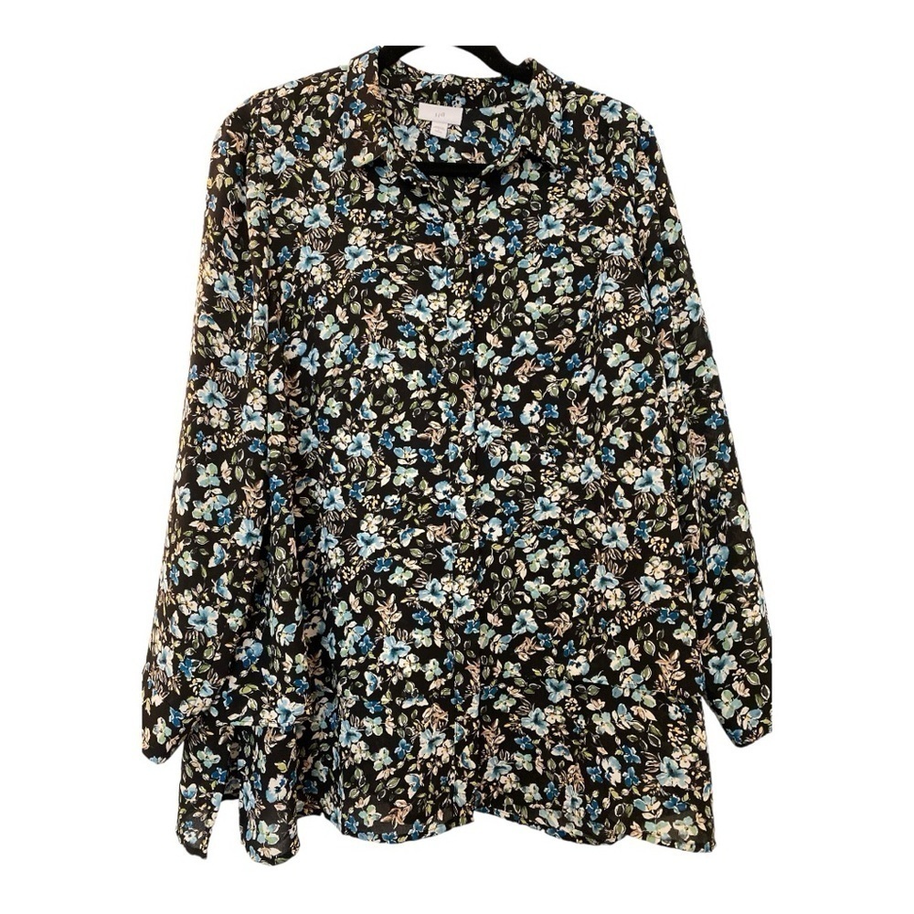 J Jill button up tunic top, size LP, black with blue floral, long sleeves,tiered